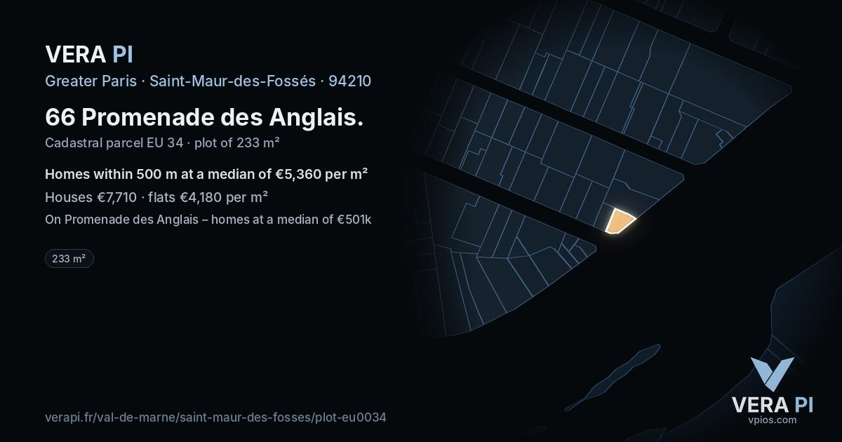 66 Promenade des Anglais, Saint-Maur-des-Fossés at night – the plot lit, the parcels around coloured by the prices near them