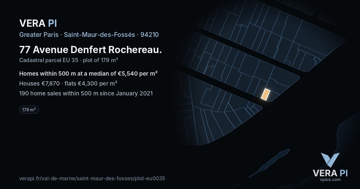 77 Avenue Denfert Rochereau, Saint-Maur-des-Fossés at night – the plot lit, the parcels around coloured by the prices near them