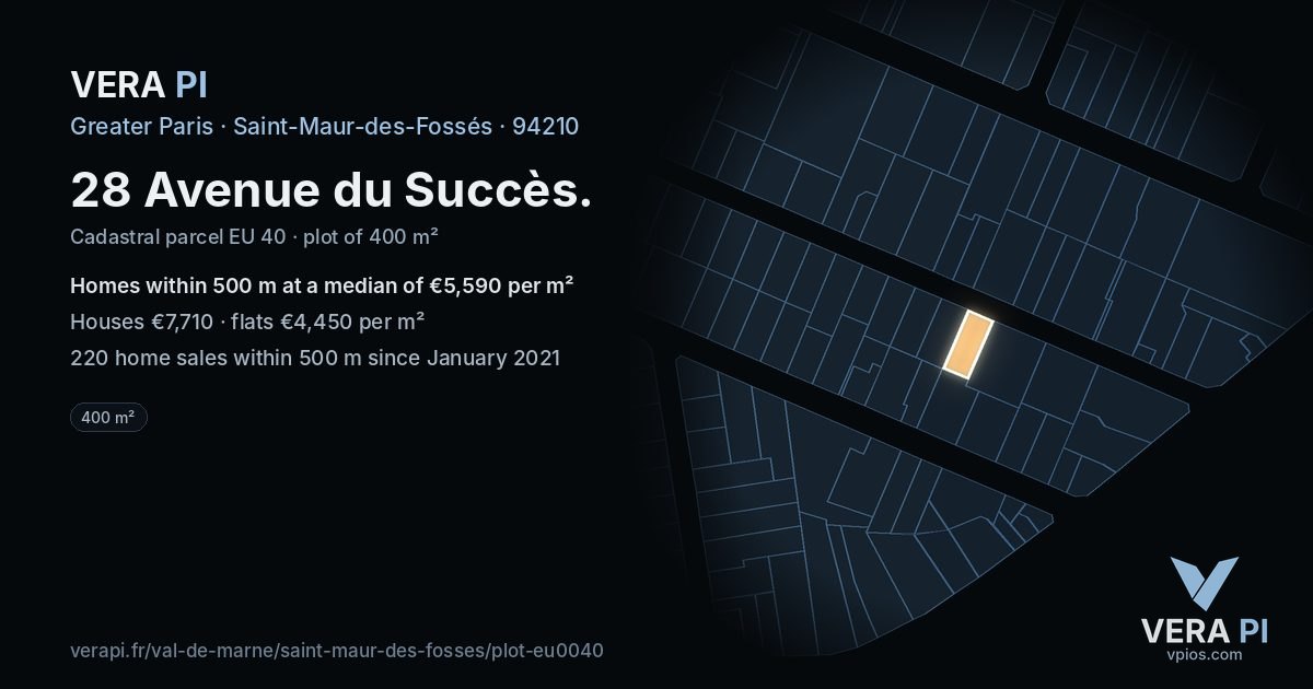 28 Avenue du Succès, Saint-Maur-des-Fossés at night – the plot lit, the parcels around coloured by the prices near them