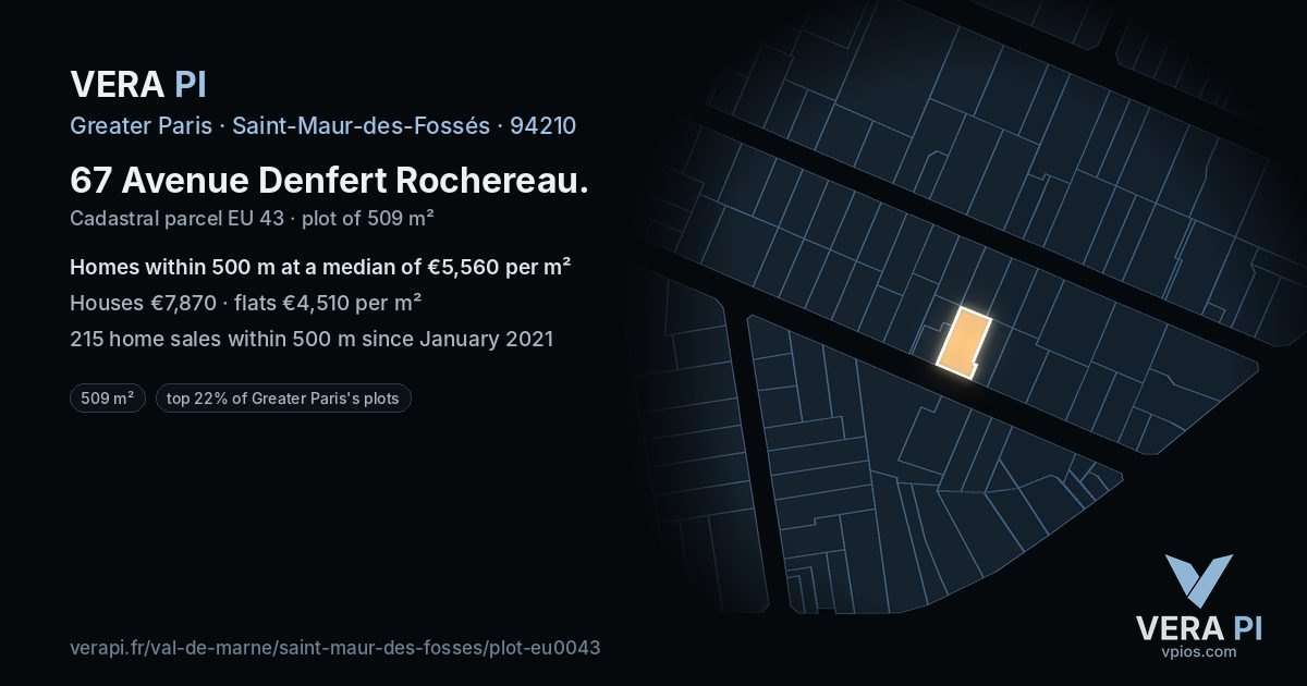 67 Avenue Denfert Rochereau, Saint-Maur-des-Fossés at night – the plot lit, the parcels around coloured by the prices near them