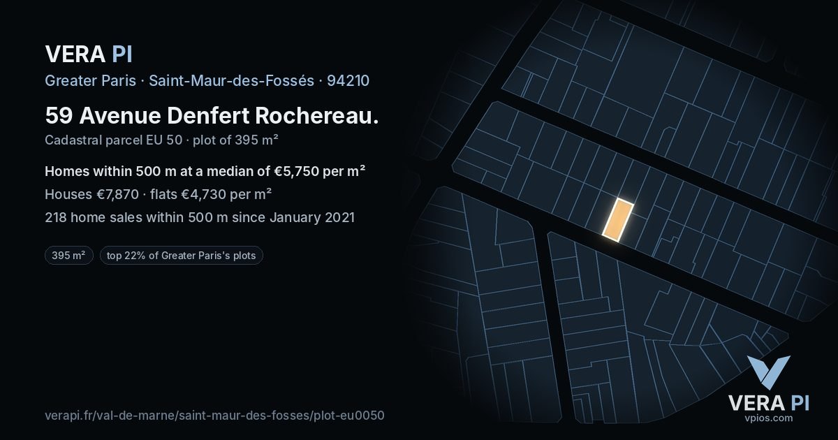 59 Avenue Denfert Rochereau, Saint-Maur-des-Fossés at night – the plot lit, the parcels around coloured by the prices near them