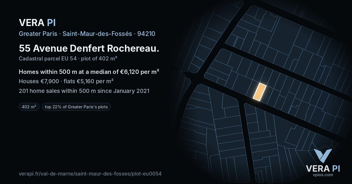 55 Avenue Denfert Rochereau, Saint-Maur-des-Fossés at night – the plot lit, the parcels around coloured by the prices near them