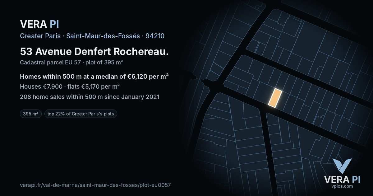 53 Avenue Denfert Rochereau, Saint-Maur-des-Fossés at night – the plot lit, the parcels around coloured by the prices near them