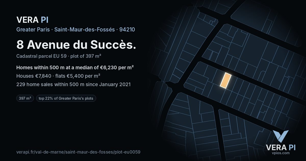 8 Avenue du Succès, Saint-Maur-des-Fossés at night – the plot lit, the parcels around coloured by the prices near them