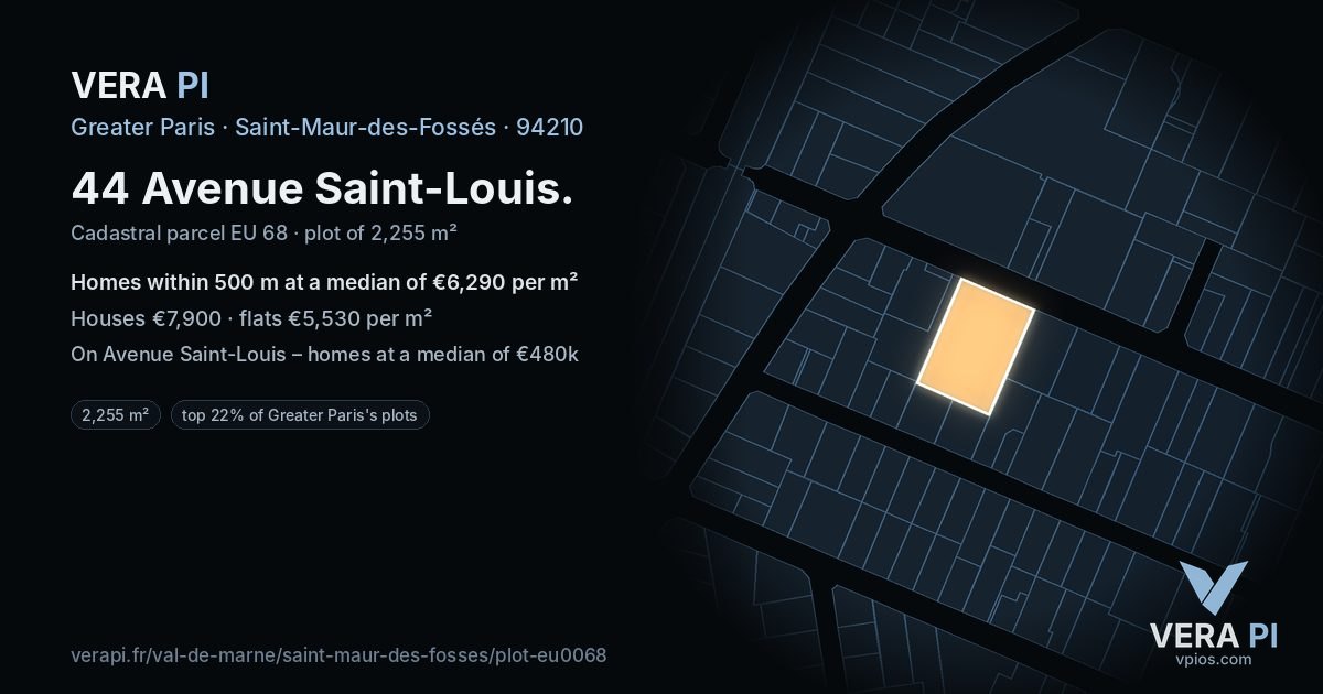 44 Avenue Saint-Louis, Saint-Maur-des-Fossés at night – the plot lit, the parcels around coloured by the prices near them