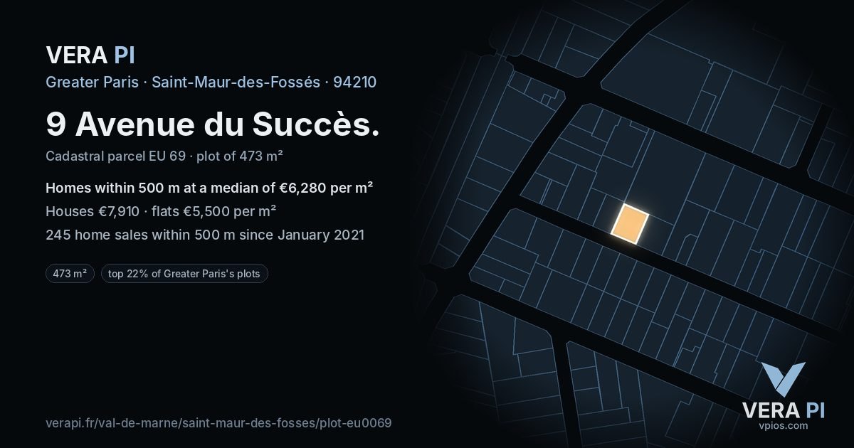 9 Avenue du Succès, Saint-Maur-des-Fossés at night – the plot lit, the parcels around coloured by the prices near them