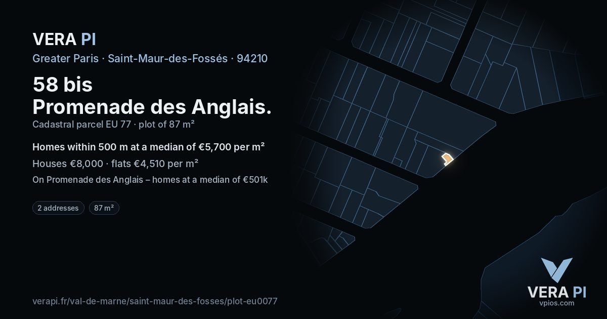 58 bis Promenade des Anglais, Saint-Maur-des-Fossés at night – the plot lit, the parcels around coloured by the prices near them