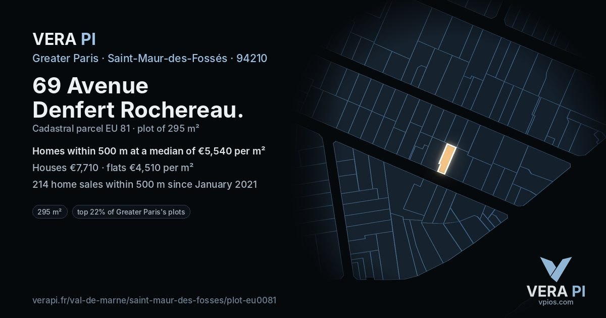 69 Avenue Denfert Rochereau, Saint-Maur-des-Fossés at night – the plot lit, the parcels around coloured by the prices near them