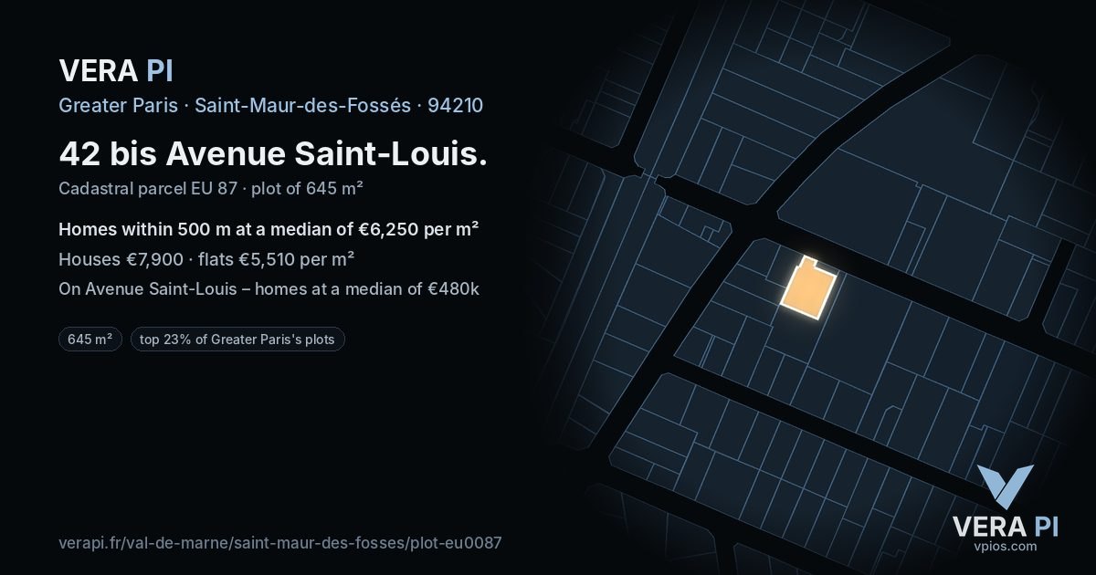 42 bis Avenue Saint-Louis, Saint-Maur-des-Fossés at night – the plot lit, the parcels around coloured by the prices near them