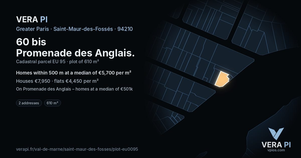 60 bis Promenade des Anglais, Saint-Maur-des-Fossés at night – the plot lit, the parcels around coloured by the prices near them