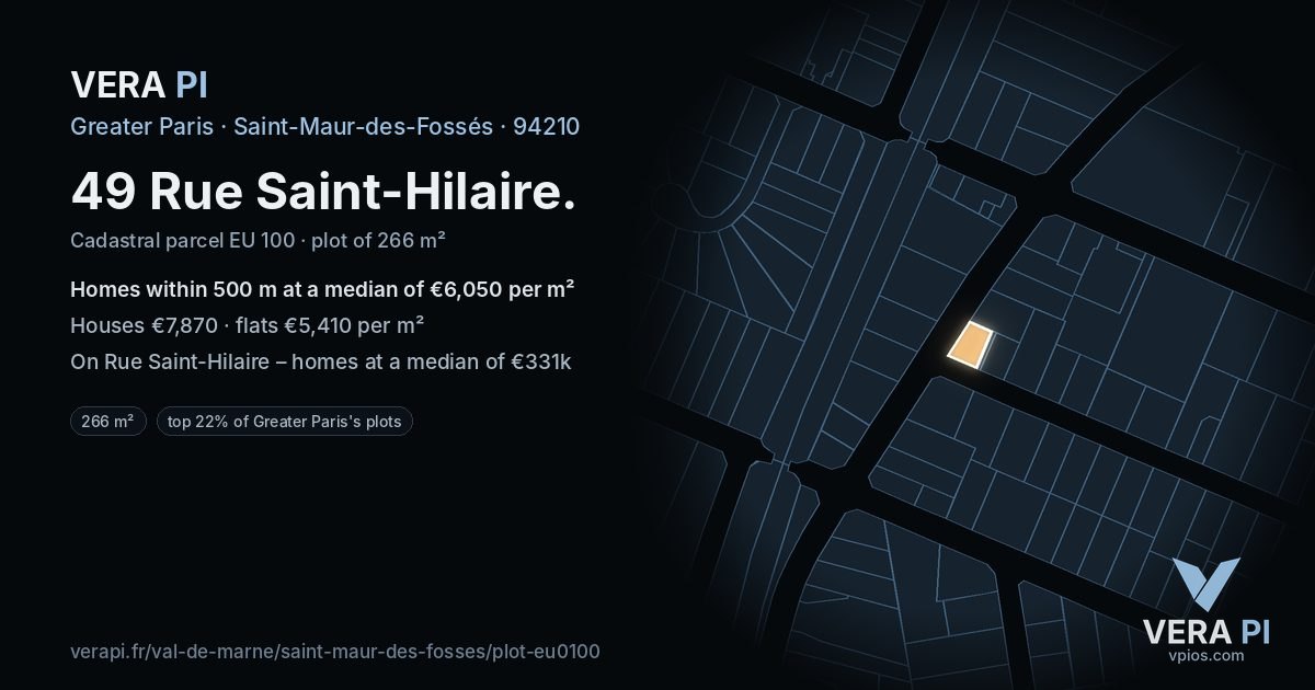 49 Rue Saint-Hilaire, Saint-Maur-des-Fossés at night – the plot lit, the parcels around coloured by the prices near them