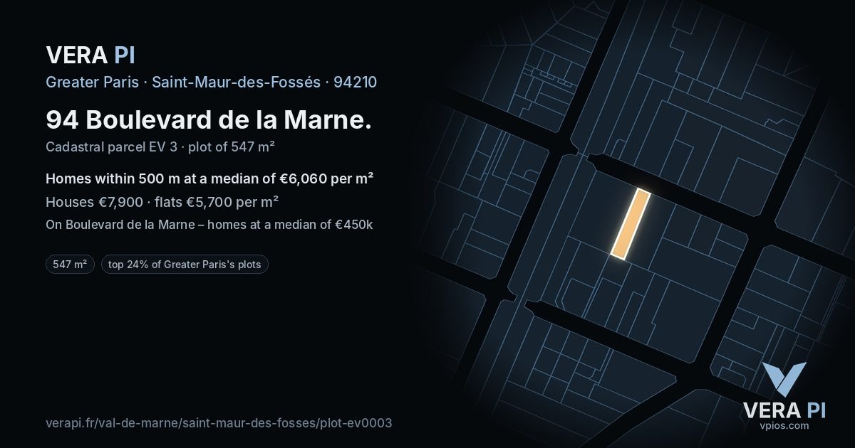 94 Boulevard de la Marne, Saint-Maur-des-Fossés at night – the plot lit, the parcels around coloured by the prices near them
