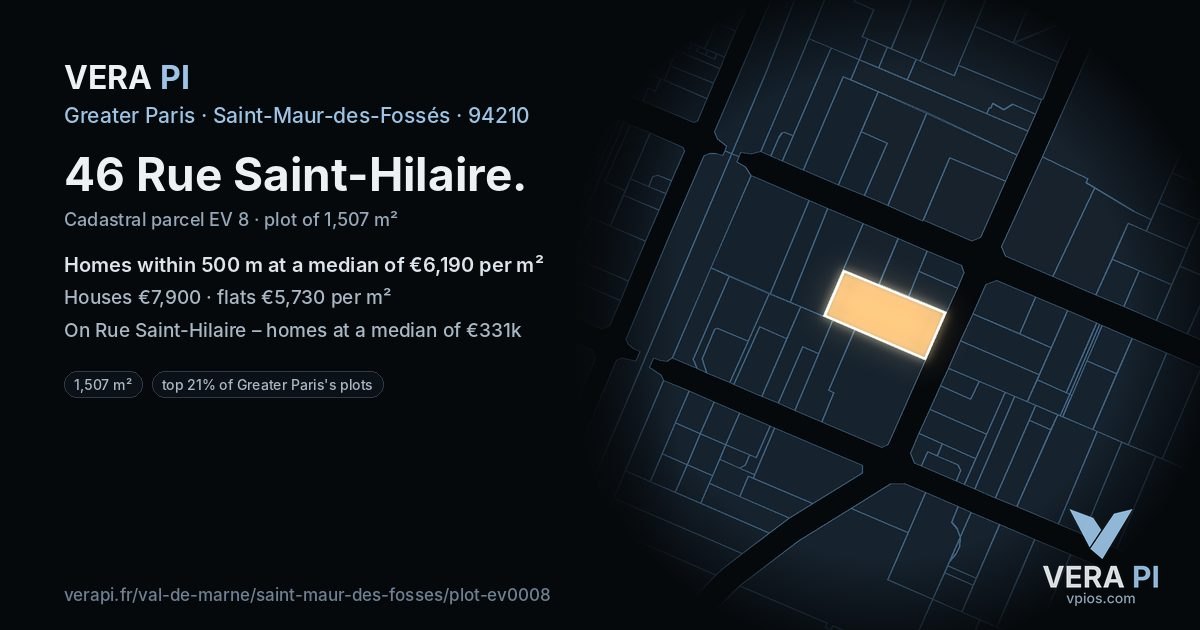 46 Rue Saint-Hilaire, Saint-Maur-des-Fossés at night – the plot lit, the parcels around coloured by the prices near them