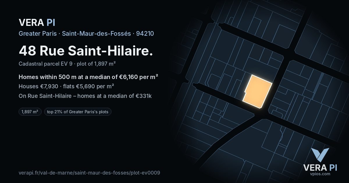 48 Rue Saint-Hilaire, Saint-Maur-des-Fossés at night – the plot lit, the parcels around coloured by the prices near them