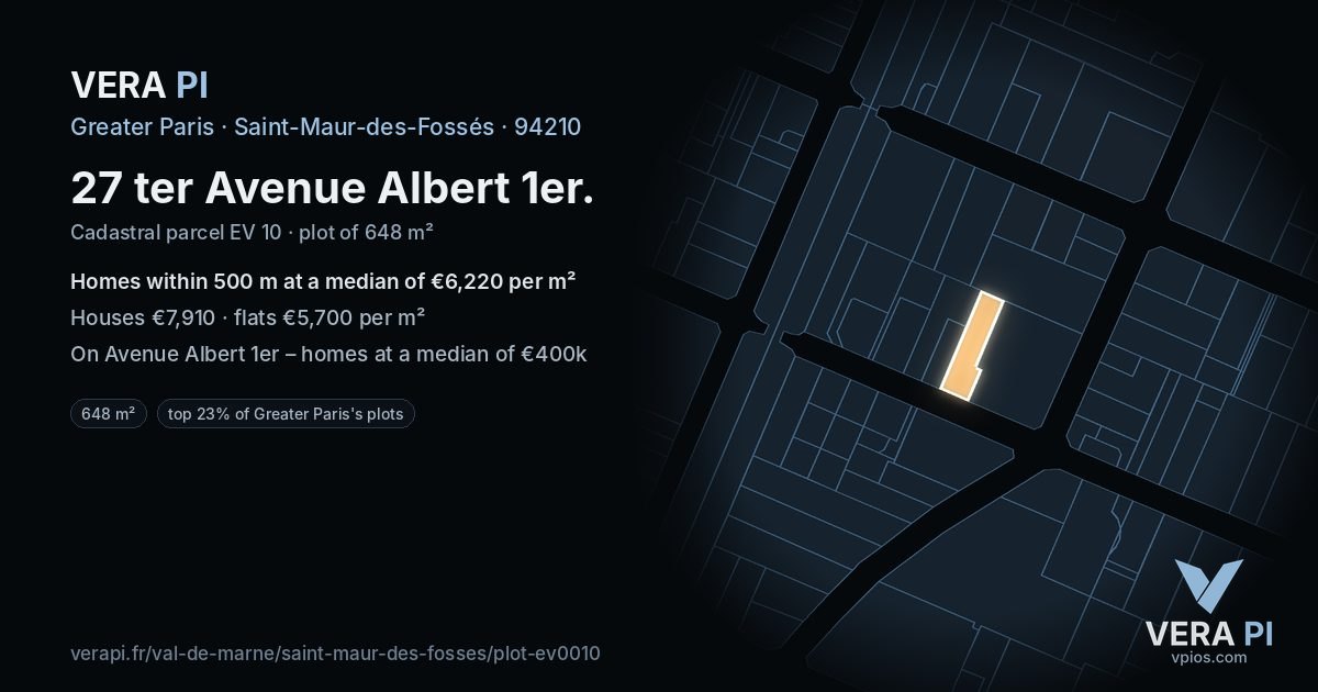 27 ter Avenue Albert 1er, Saint-Maur-des-Fossés at night – the plot lit, the parcels around coloured by the prices near them