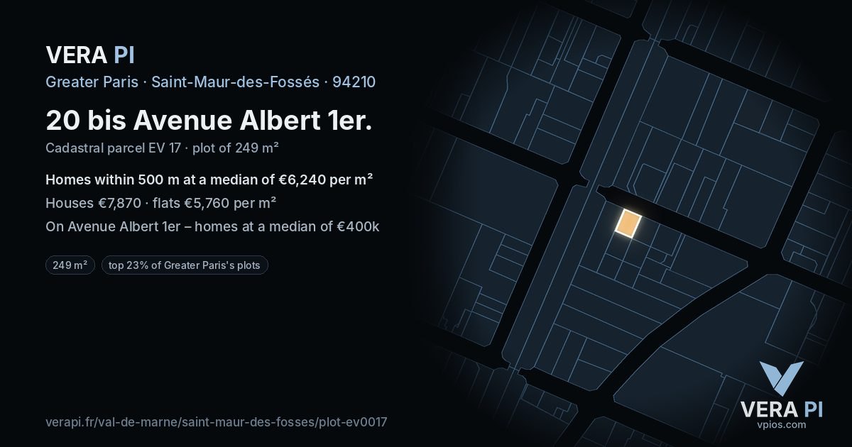 20 bis Avenue Albert 1er, Saint-Maur-des-Fossés at night – the plot lit, the parcels around coloured by the prices near them