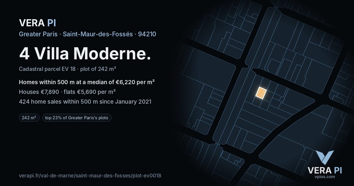 4 Villa Moderne, Saint-Maur-des-Fossés at night – the plot lit, the parcels around coloured by the prices near them