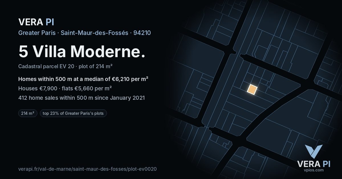 5 Villa Moderne, Saint-Maur-des-Fossés at night – the plot lit, the parcels around coloured by the prices near them