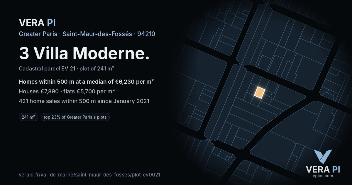 3 Villa Moderne, Saint-Maur-des-Fossés at night – the plot lit, the parcels around coloured by the prices near them