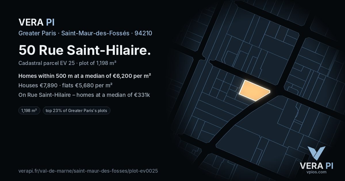 50 Rue Saint-Hilaire, Saint-Maur-des-Fossés at night – the plot lit, the parcels around coloured by the prices near them
