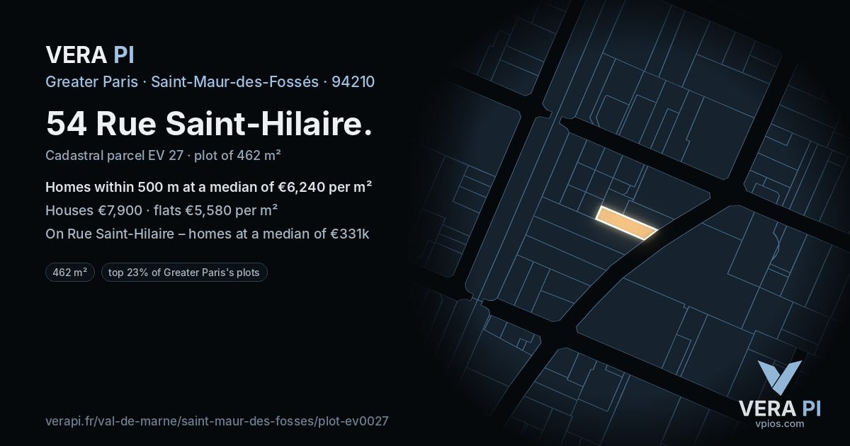 54 Rue Saint-Hilaire, Saint-Maur-des-Fossés at night – the plot lit, the parcels around coloured by the prices near them