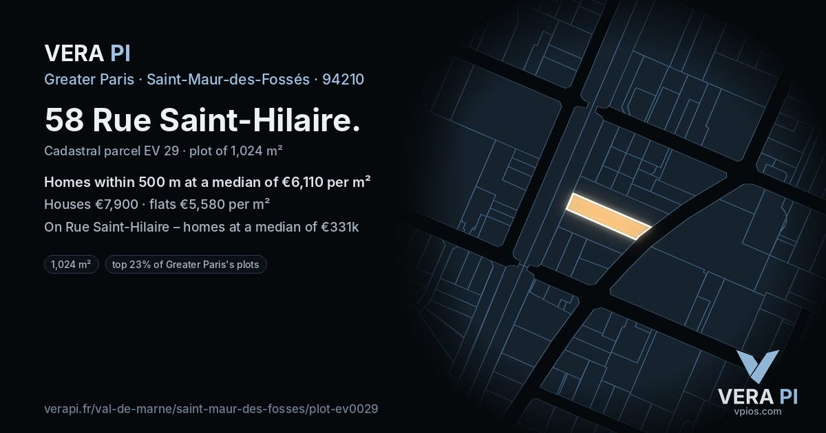 58 Rue Saint-Hilaire, Saint-Maur-des-Fossés at night – the plot lit, the parcels around coloured by the prices near them