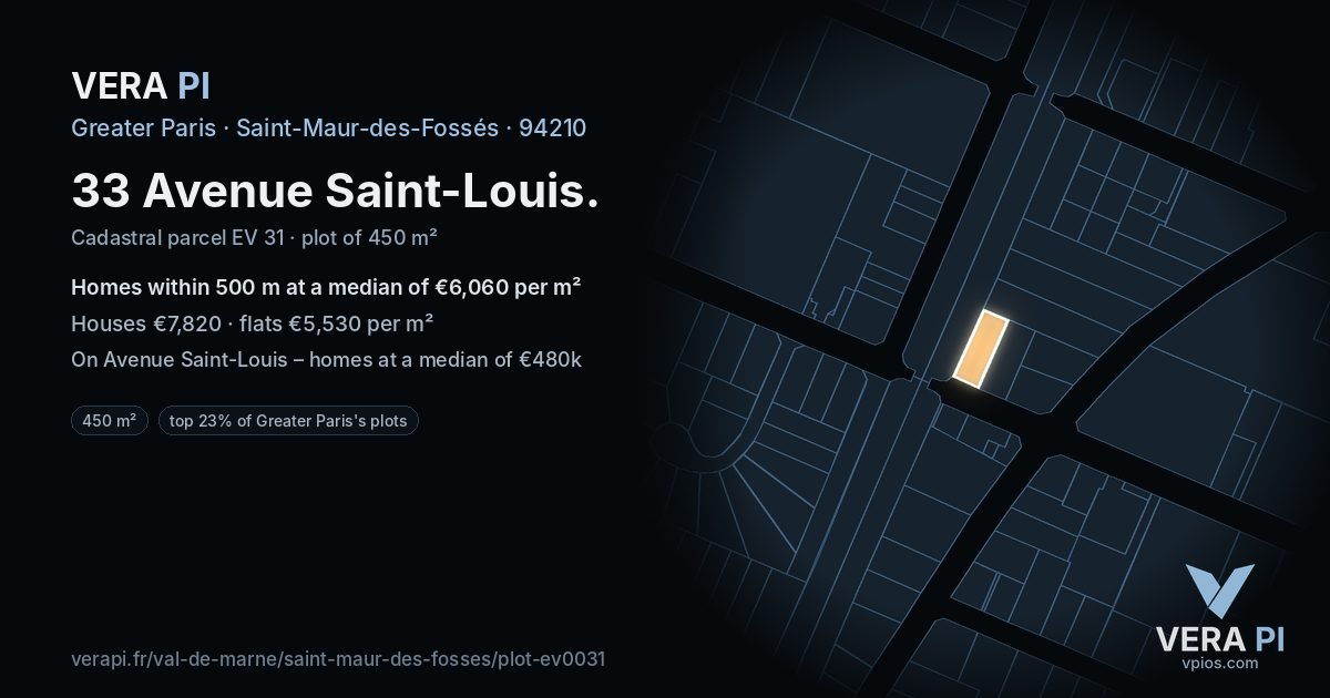 33 Avenue Saint-Louis, Saint-Maur-des-Fossés at night – the plot lit, the parcels around coloured by the prices near them