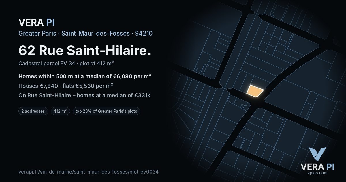 62 Rue Saint-Hilaire, Saint-Maur-des-Fossés at night – the plot lit, the parcels around coloured by the prices near them