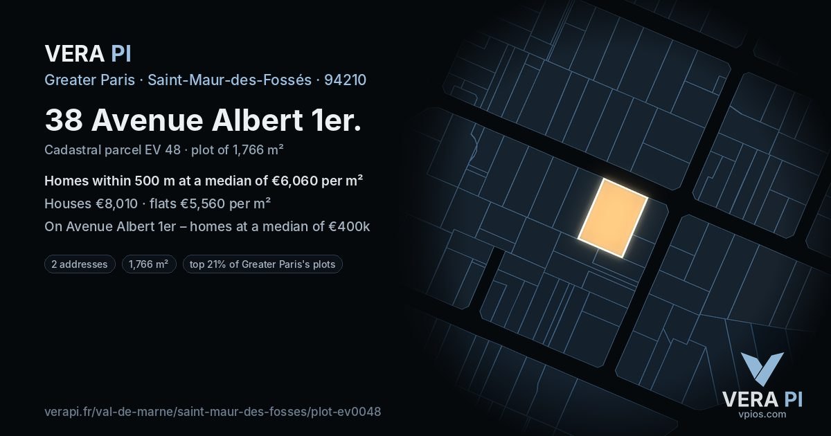 38 Avenue Albert 1er, Saint-Maur-des-Fossés at night – the plot lit, the parcels around coloured by the prices near them