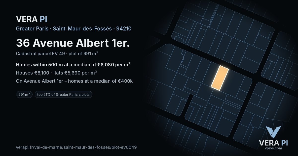 36 Avenue Albert 1er, Saint-Maur-des-Fossés at night – the plot lit, the parcels around coloured by the prices near them