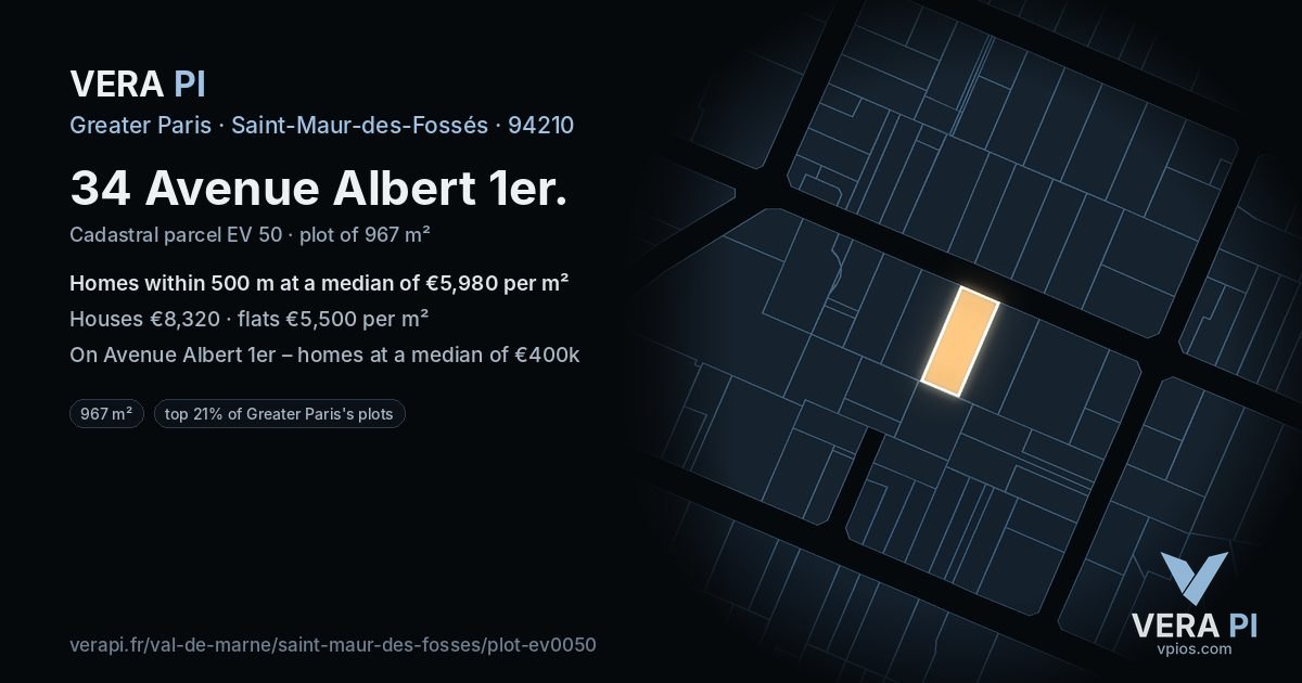 34 Avenue Albert 1er, Saint-Maur-des-Fossés at night – the plot lit, the parcels around coloured by the prices near them
