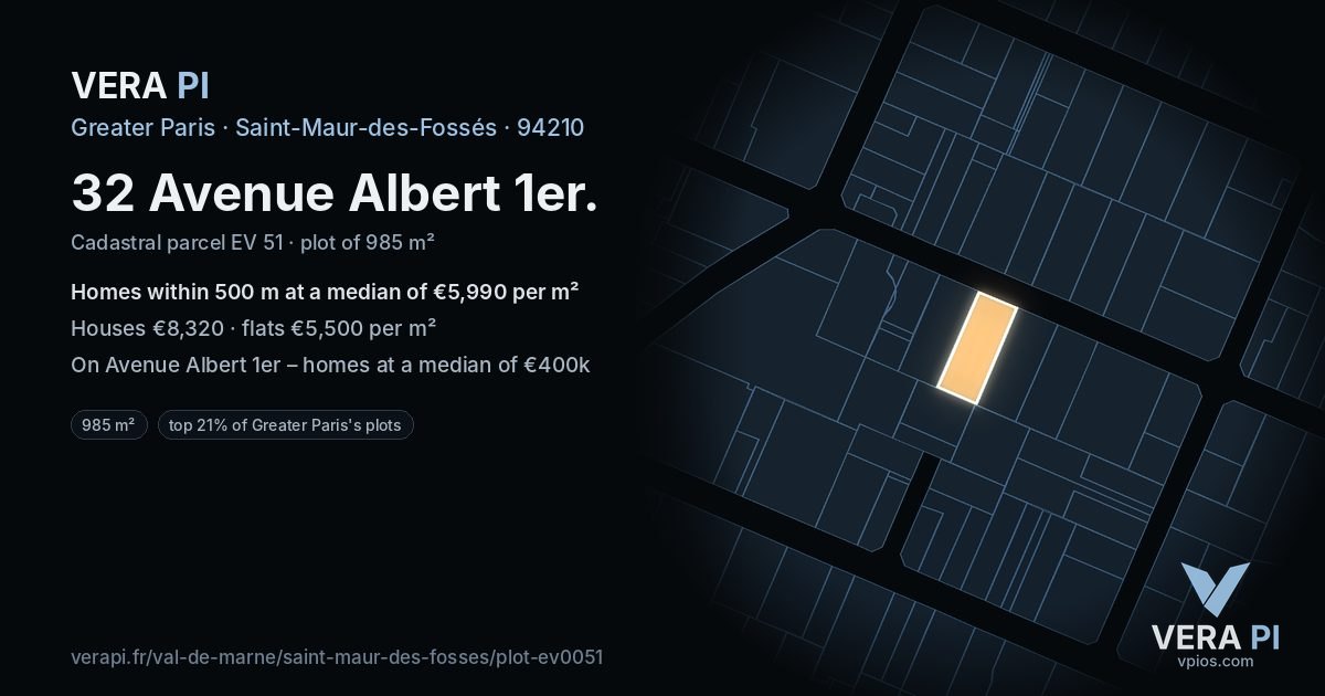 32 Avenue Albert 1er, Saint-Maur-des-Fossés at night – the plot lit, the parcels around coloured by the prices near them