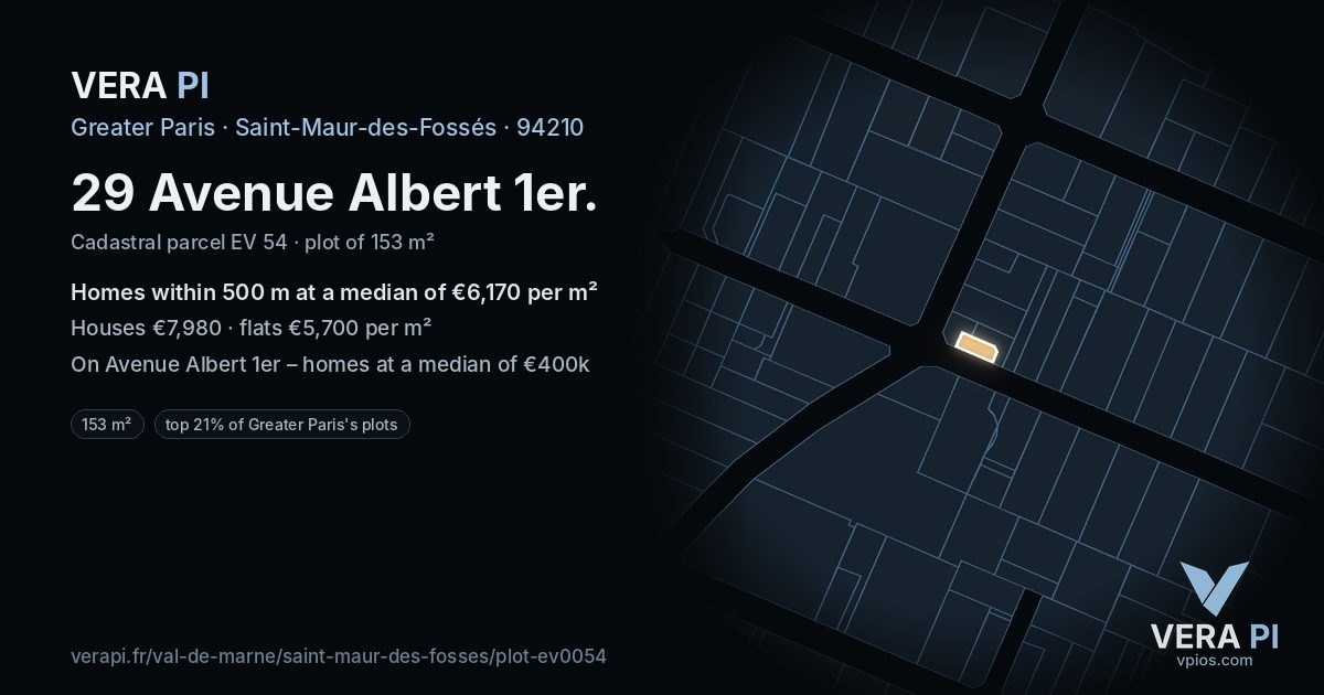 29 Avenue Albert 1er, Saint-Maur-des-Fossés at night – the plot lit, the parcels around coloured by the prices near them