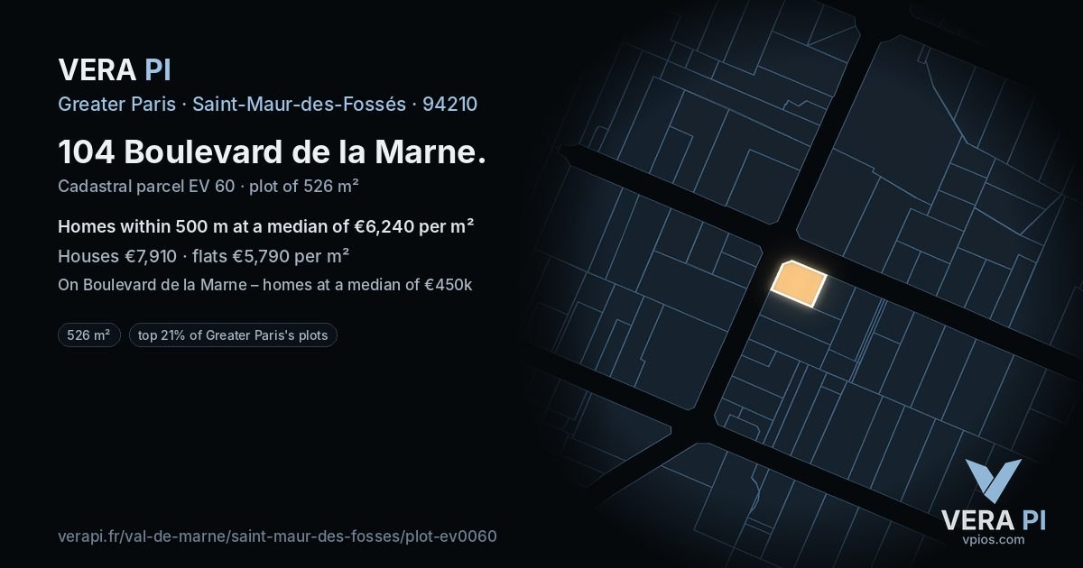 104 Boulevard de la Marne, Saint-Maur-des-Fossés at night – the plot lit, the parcels around coloured by the prices near them