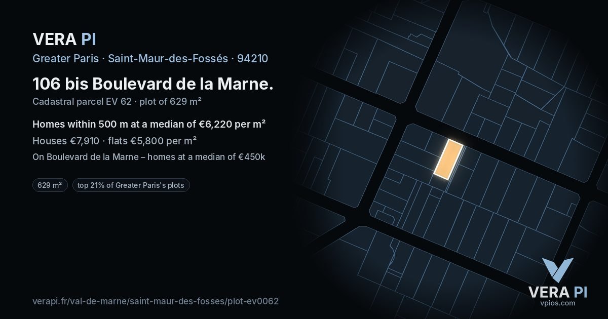 106 bis Boulevard de la Marne, Saint-Maur-des-Fossés at night – the plot lit, the parcels around coloured by the prices near them