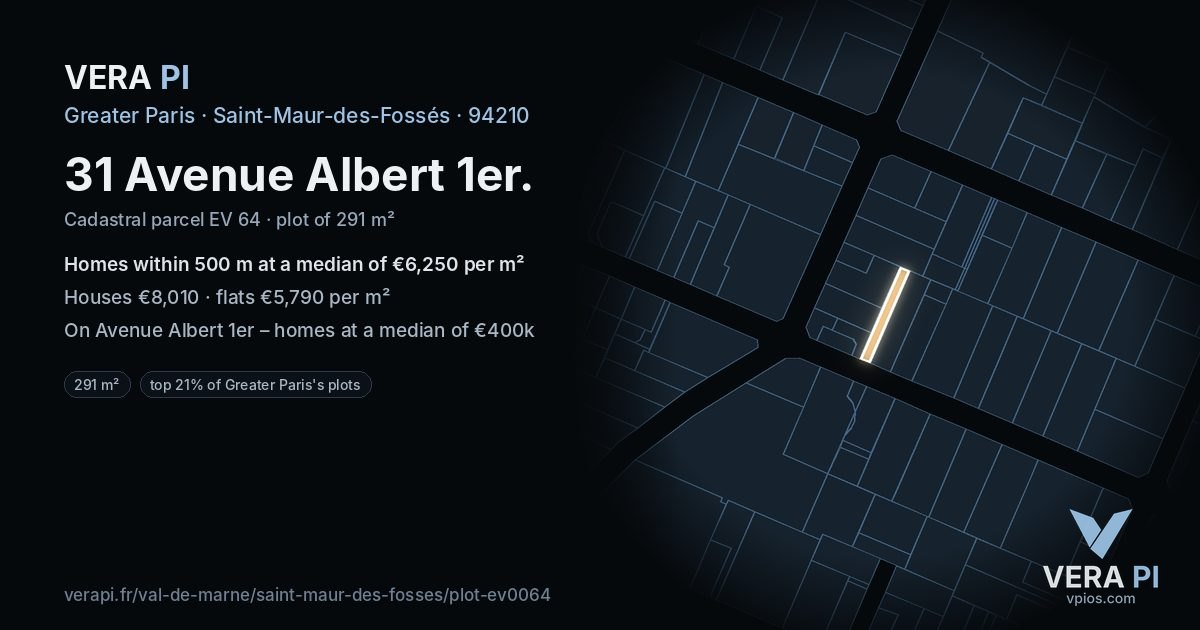 31 Avenue Albert 1er, Saint-Maur-des-Fossés at night – the plot lit, the parcels around coloured by the prices near them