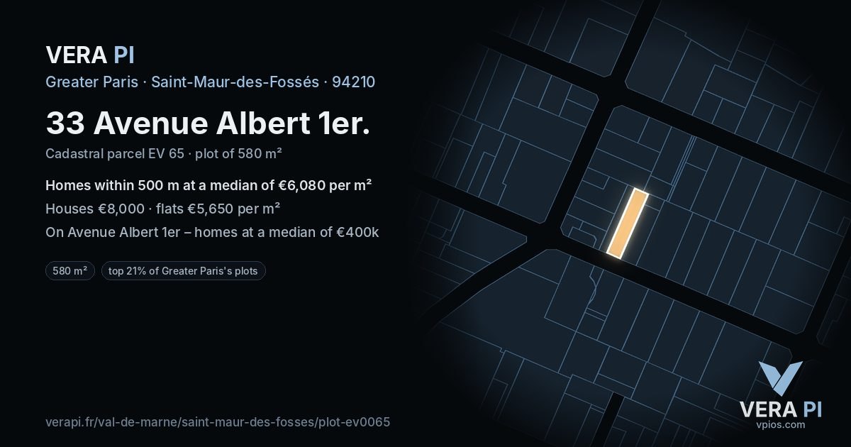 33 Avenue Albert 1er, Saint-Maur-des-Fossés at night – the plot lit, the parcels around coloured by the prices near them
