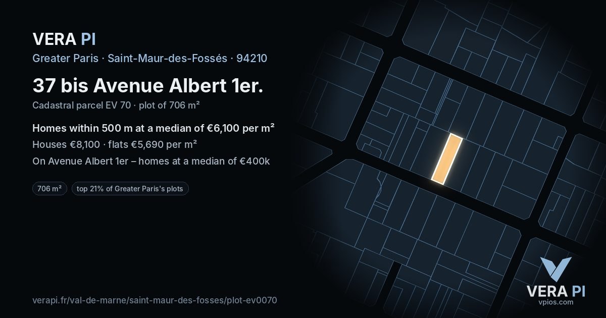 37 bis Avenue Albert 1er, Saint-Maur-des-Fossés at night – the plot lit, the parcels around coloured by the prices near them