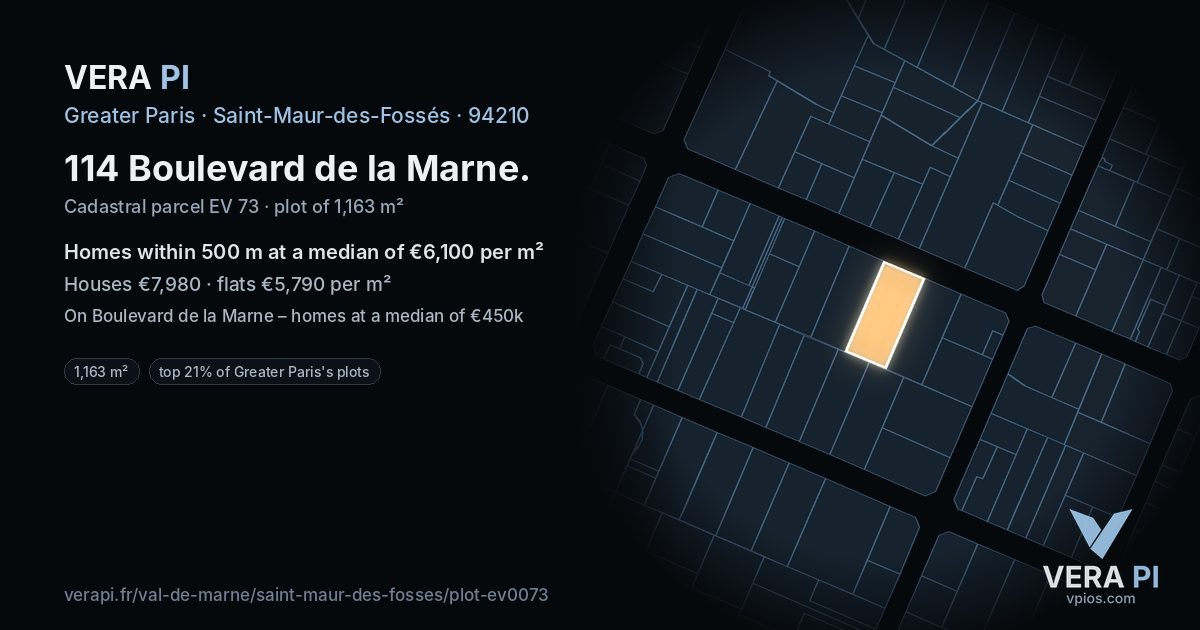 114 Boulevard de la Marne, Saint-Maur-des-Fossés at night – the plot lit, the parcels around coloured by the prices near them