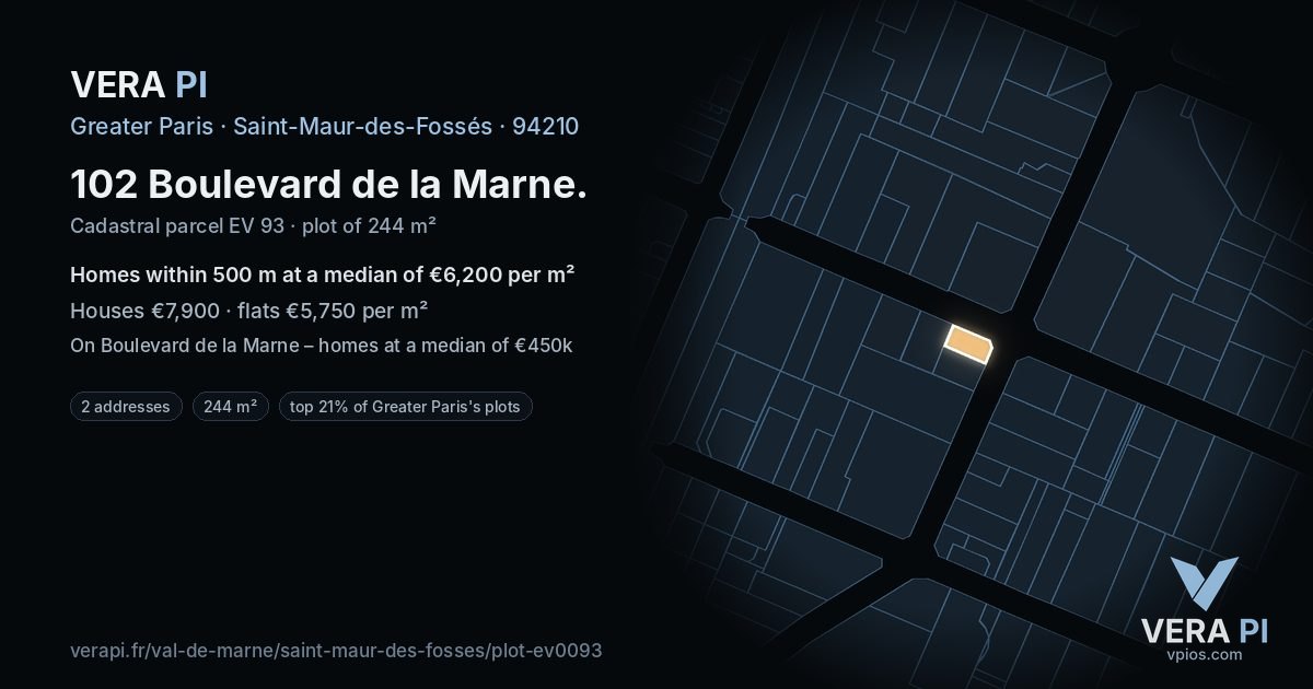 102 Boulevard de la Marne, Saint-Maur-des-Fossés at night – the plot lit, the parcels around coloured by the prices near them