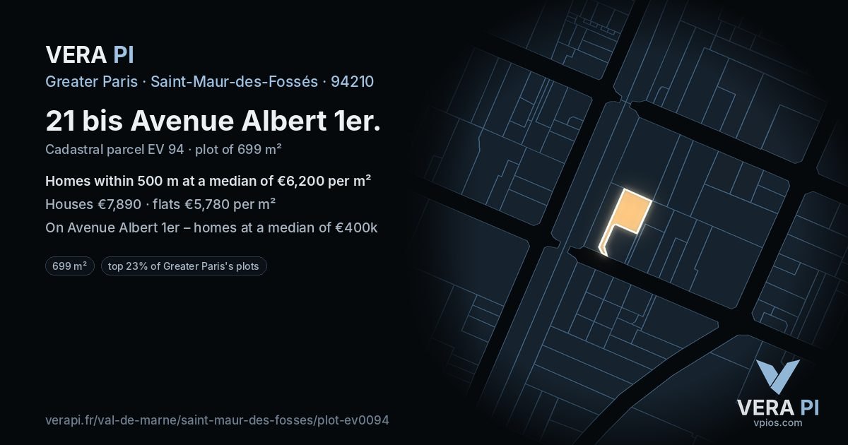 21 bis Avenue Albert 1er, Saint-Maur-des-Fossés at night – the plot lit, the parcels around coloured by the prices near them