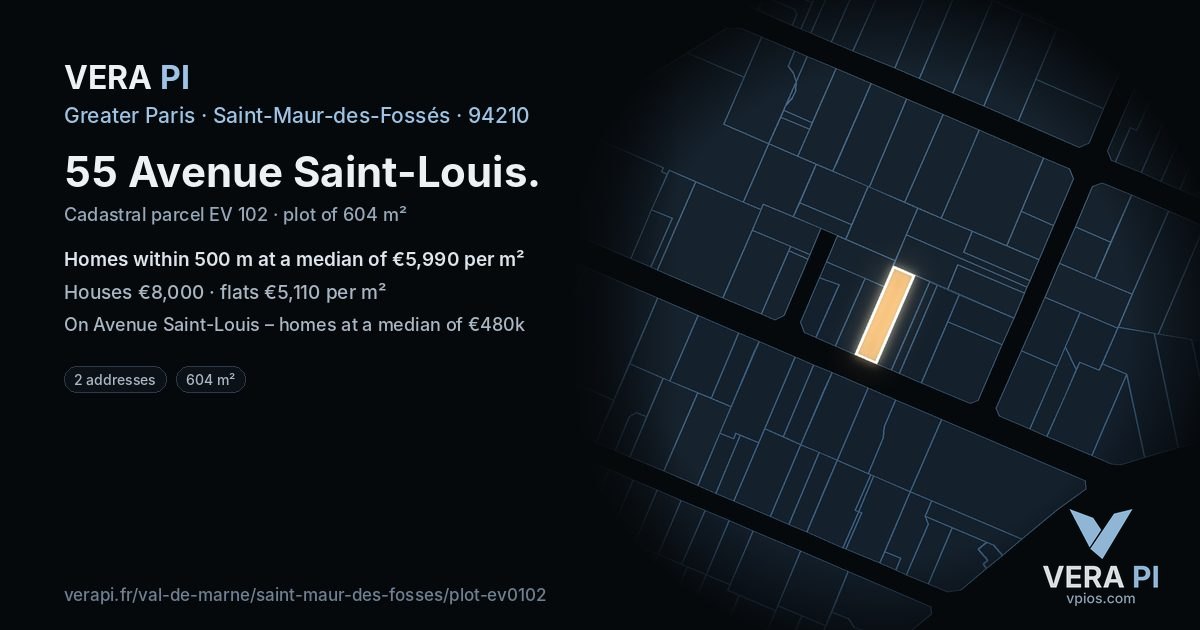 55 Avenue Saint-Louis, Saint-Maur-des-Fossés at night – the plot lit, the parcels around coloured by the prices near them