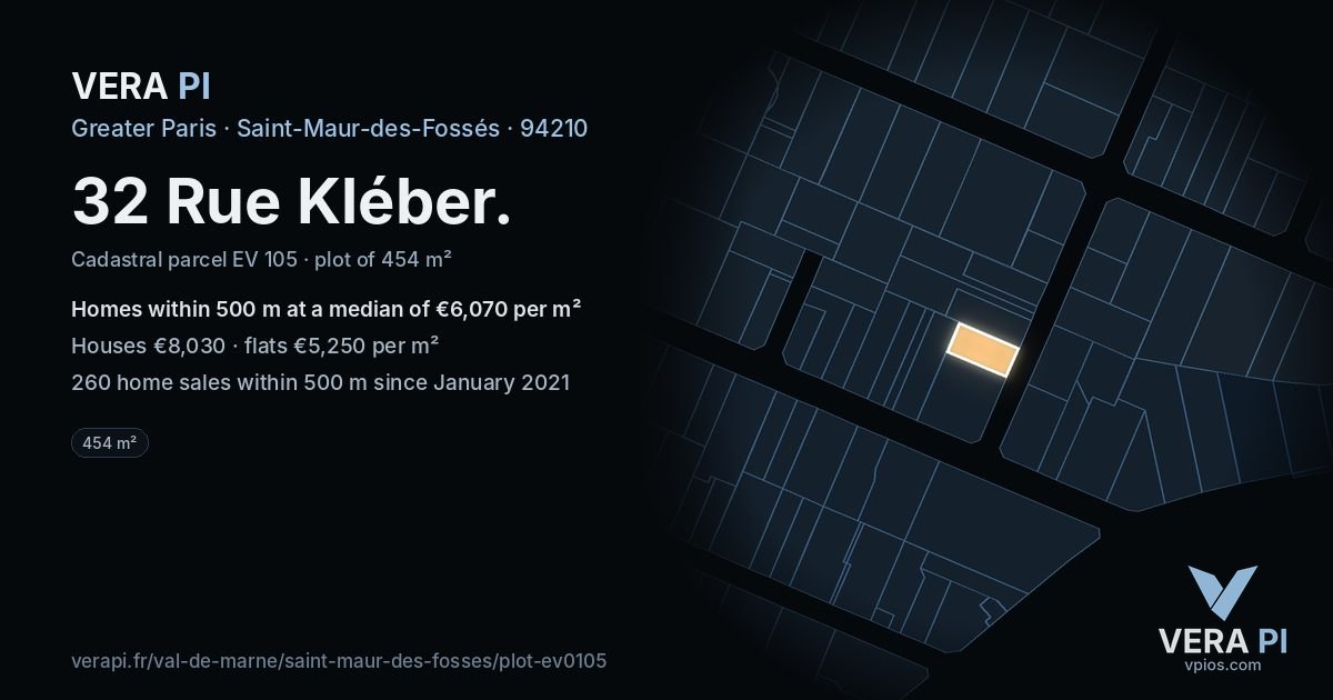 32 Rue Kléber, Saint-Maur-des-Fossés at night – the plot lit, the parcels around coloured by the prices near them