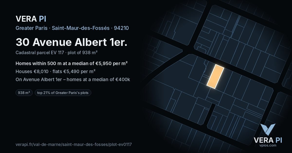 30 Avenue Albert 1er, Saint-Maur-des-Fossés at night – the plot lit, the parcels around coloured by the prices near them
