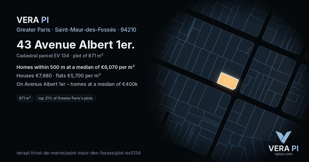 43 Avenue Albert 1er, Saint-Maur-des-Fossés at night – the plot lit, the parcels around coloured by the prices near them