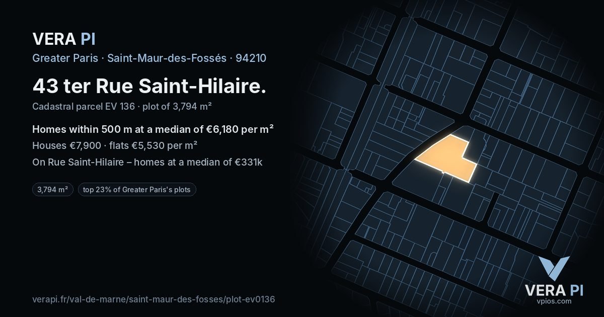 43 ter Rue Saint-Hilaire, Saint-Maur-des-Fossés at night – the plot lit, the parcels around coloured by the prices near them