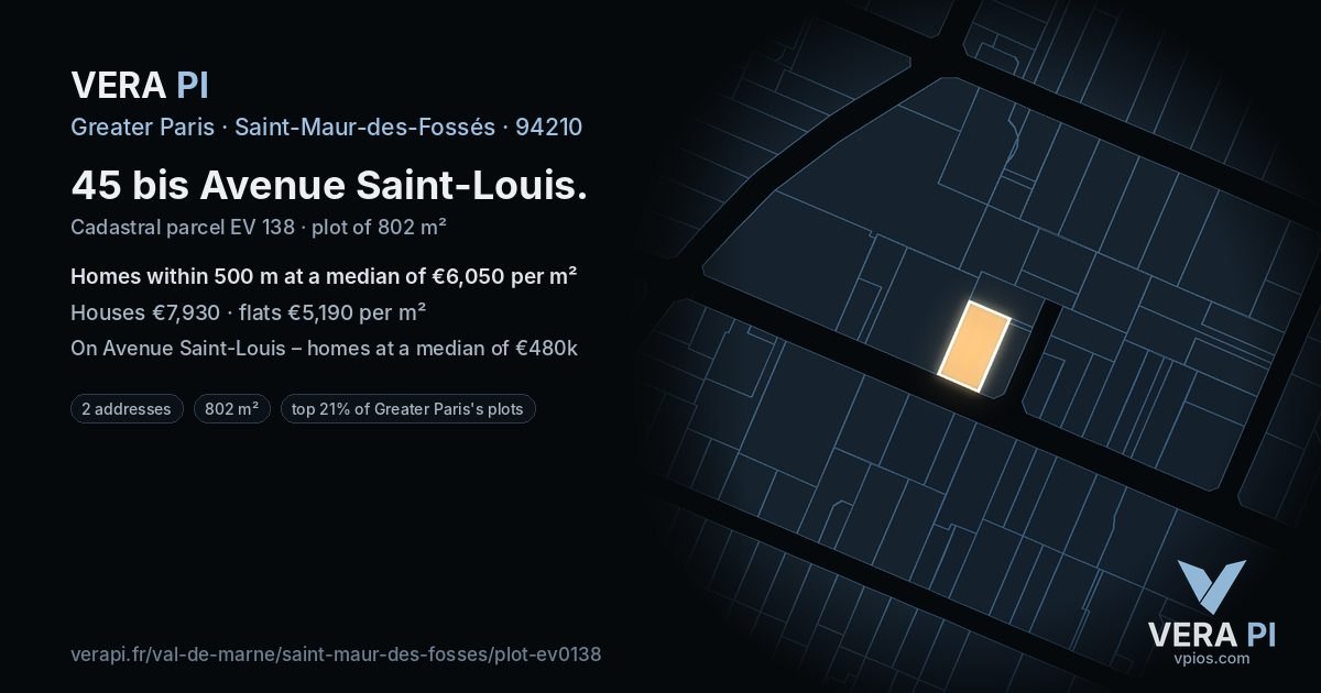 45 bis Avenue Saint-Louis, Saint-Maur-des-Fossés at night – the plot lit, the parcels around coloured by the prices near them