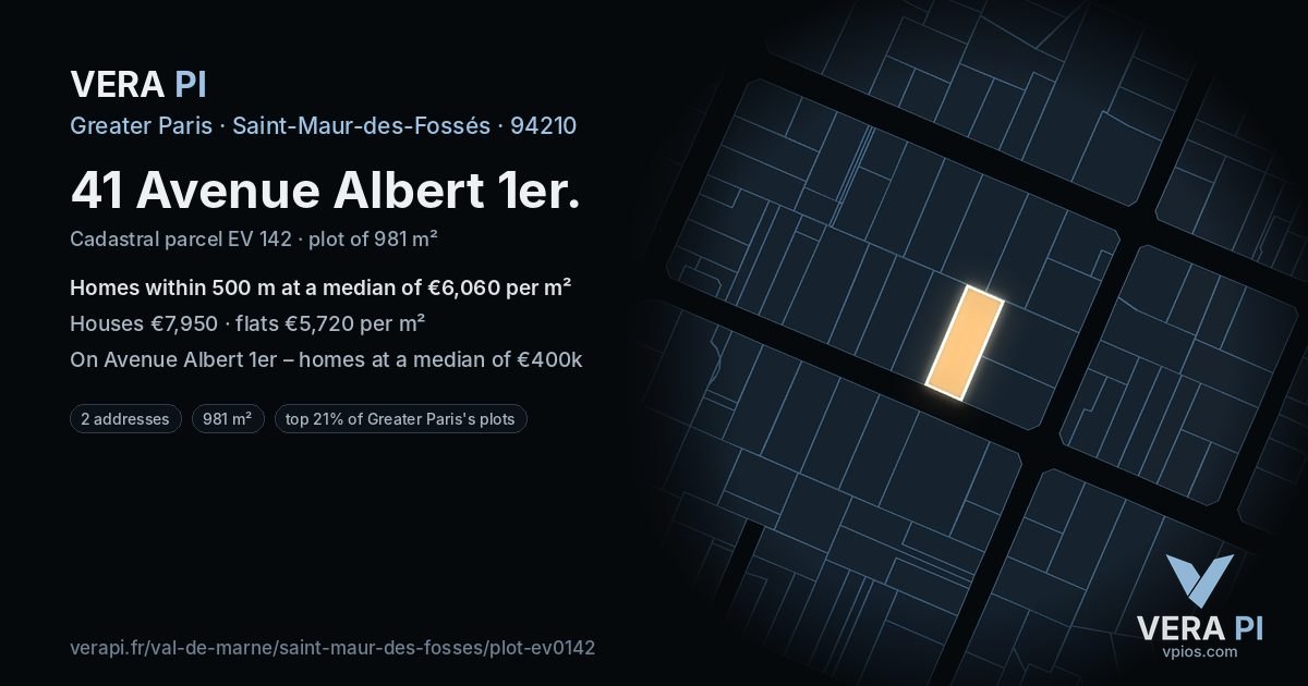 41 Avenue Albert 1er, Saint-Maur-des-Fossés at night – the plot lit, the parcels around coloured by the prices near them