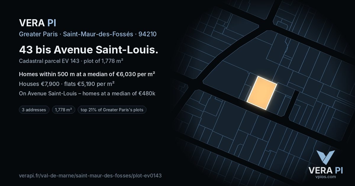 43 bis Avenue Saint-Louis, Saint-Maur-des-Fossés at night – the plot lit, the parcels around coloured by the prices near them