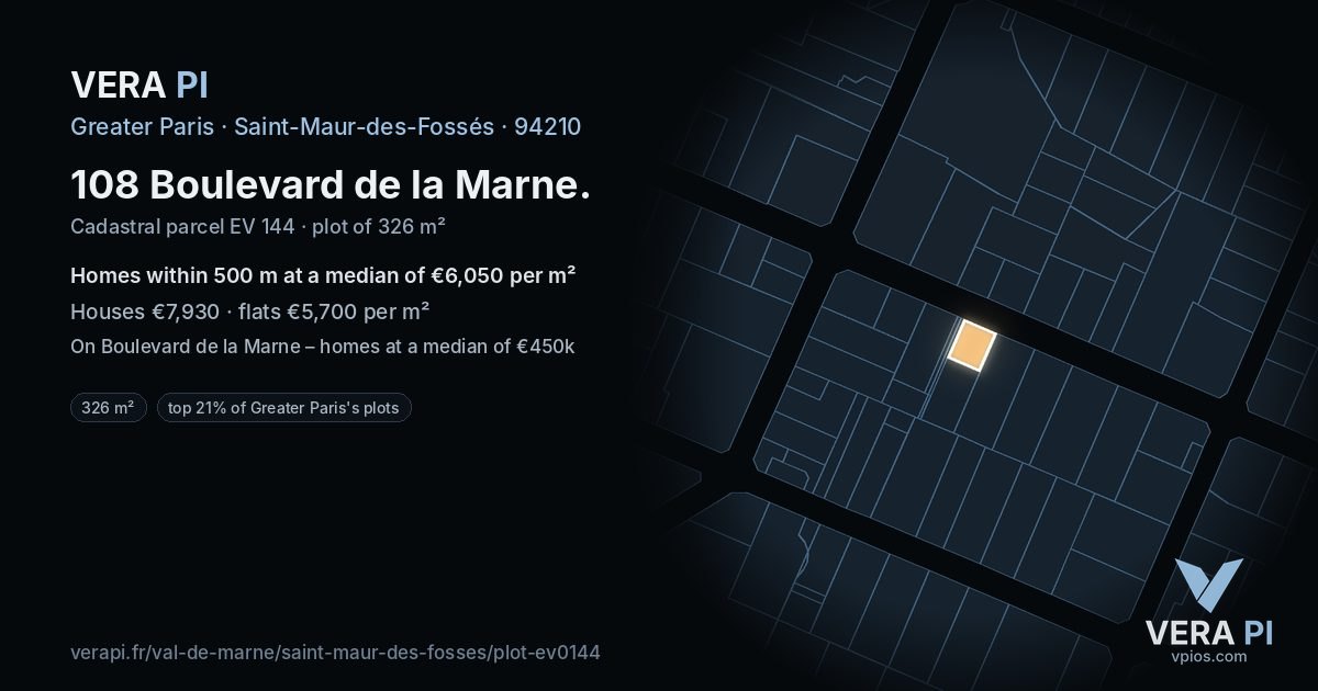 108 Boulevard de la Marne, Saint-Maur-des-Fossés at night – the plot lit, the parcels around coloured by the prices near them